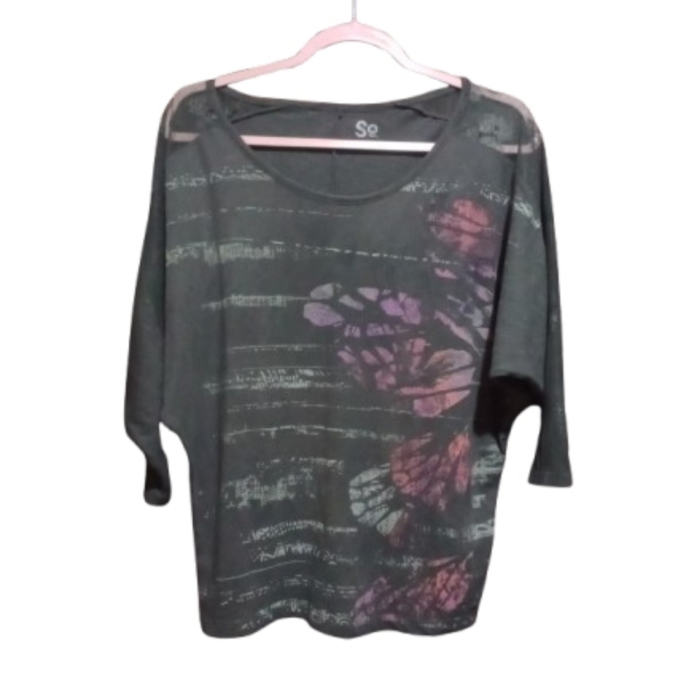 SO Charcoal Gray Tee with Pink Floral Detail